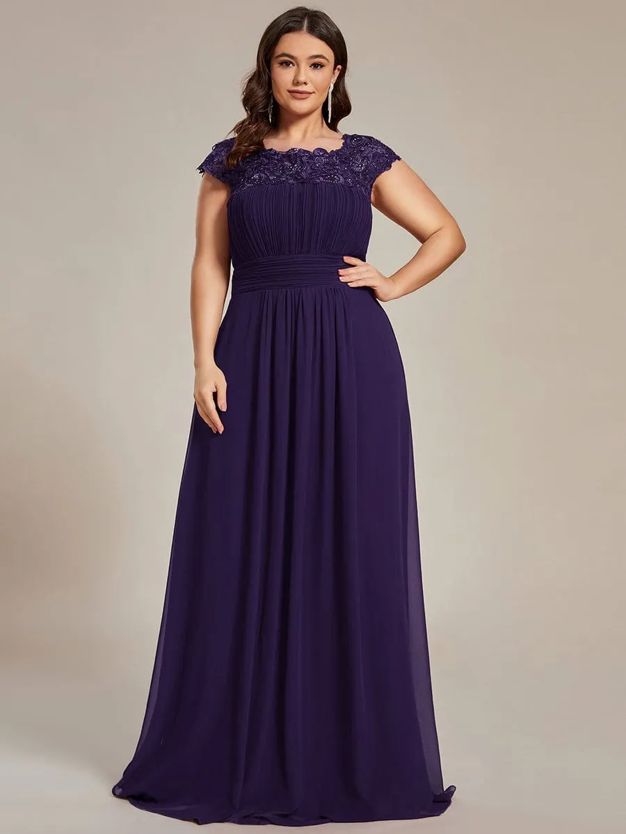 Flattering A-Line Chiffon Lace Evening Dress for Wedding with Cap Sleeve
