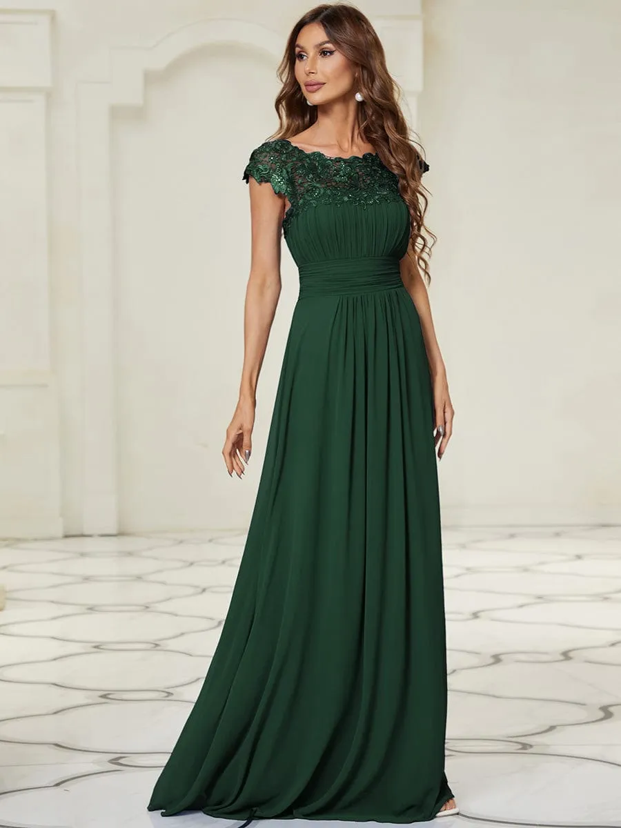 Flattering A-Line Chiffon Lace Evening Dress for Wedding with Cap Sleeve