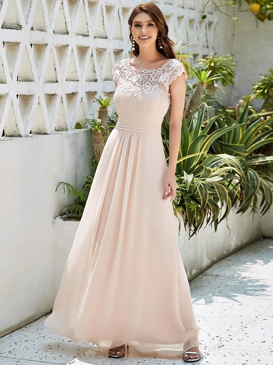 Flattering A-Line Chiffon Lace Evening Dress for Wedding with Cap Sleeve