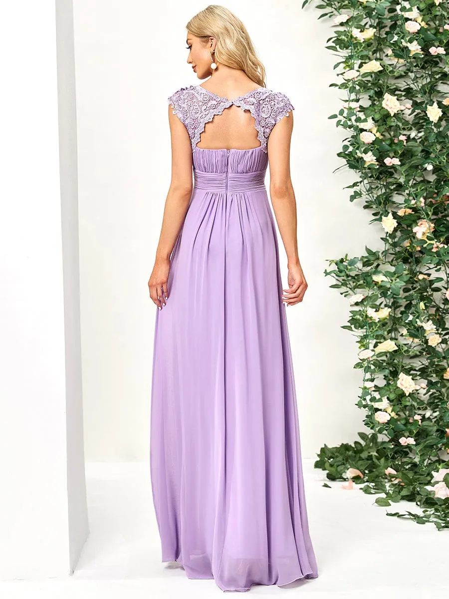 Flattering A-Line Chiffon Lace Evening Dress for Wedding with Cap Sleeve