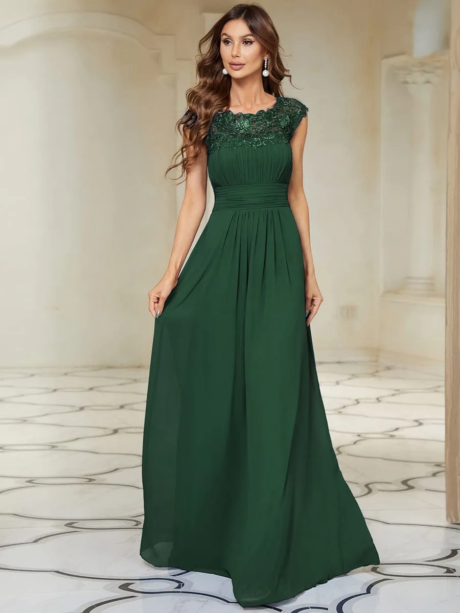 Flattering A-Line Chiffon Lace Evening Dress for Wedding with Cap Sleeve
