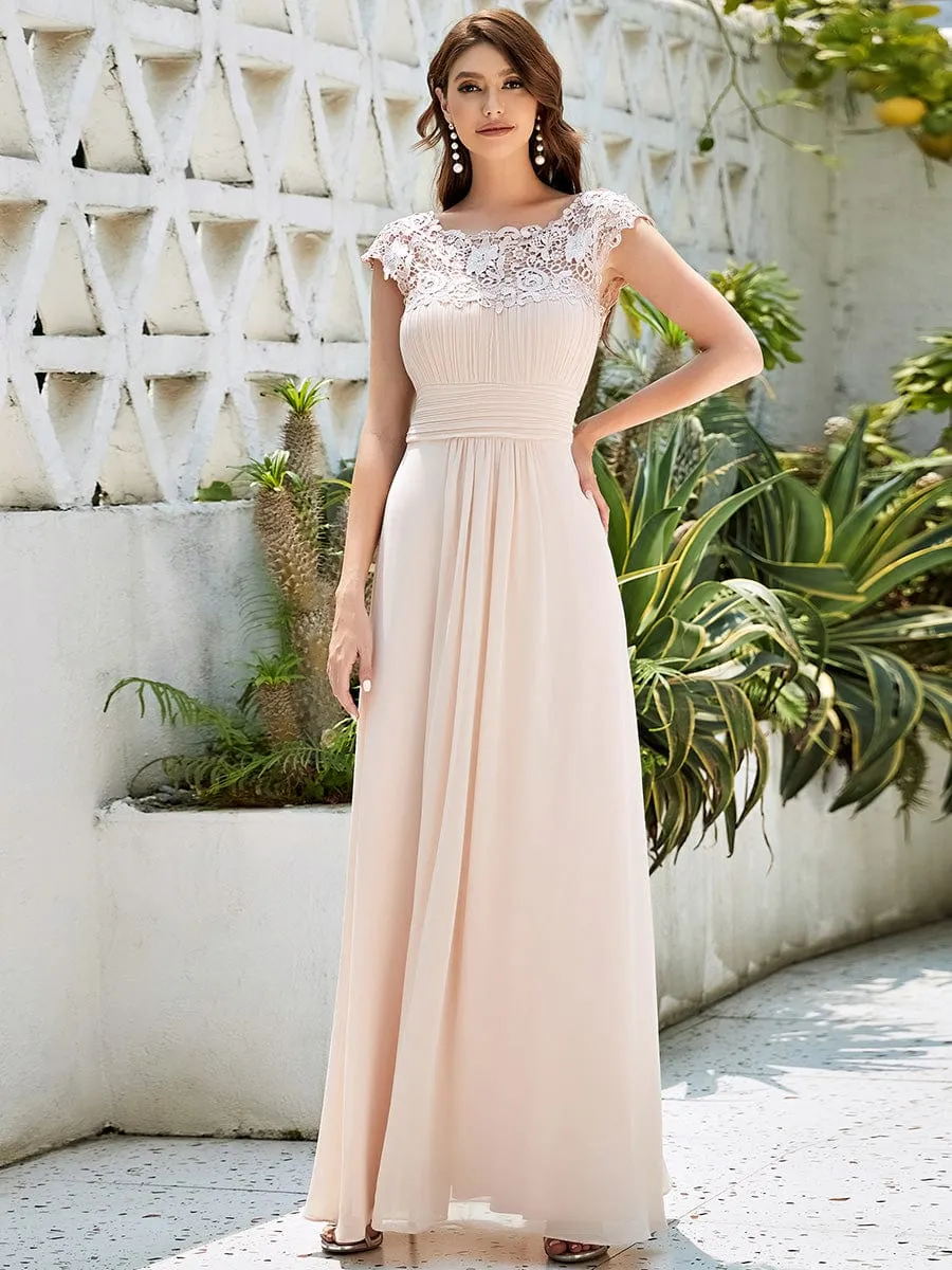 Flattering A-Line Chiffon Lace Evening Dress for Wedding with Cap Sleeve
