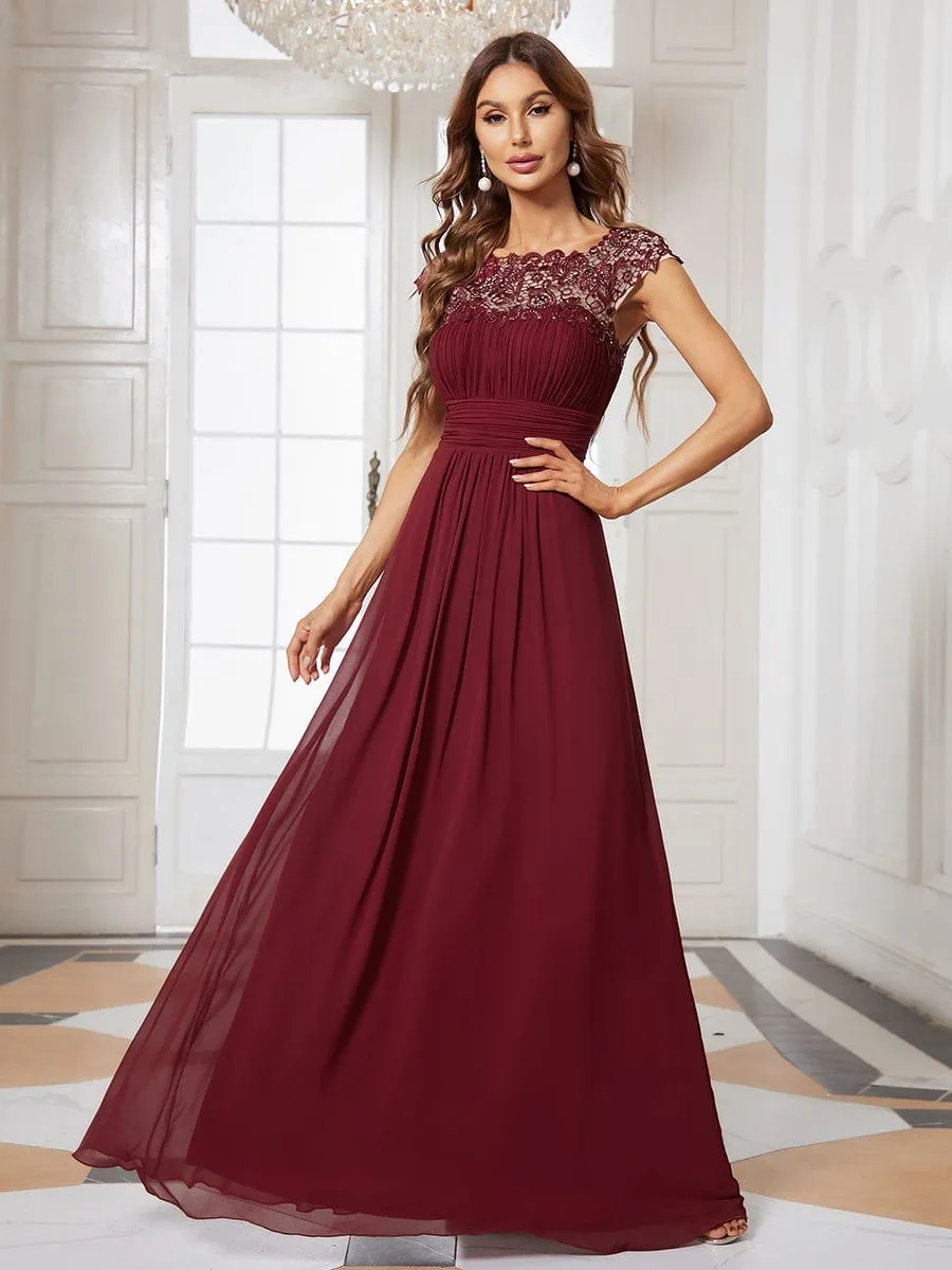 Flattering A-Line Chiffon Lace Evening Dress for Wedding with Cap Sleeve