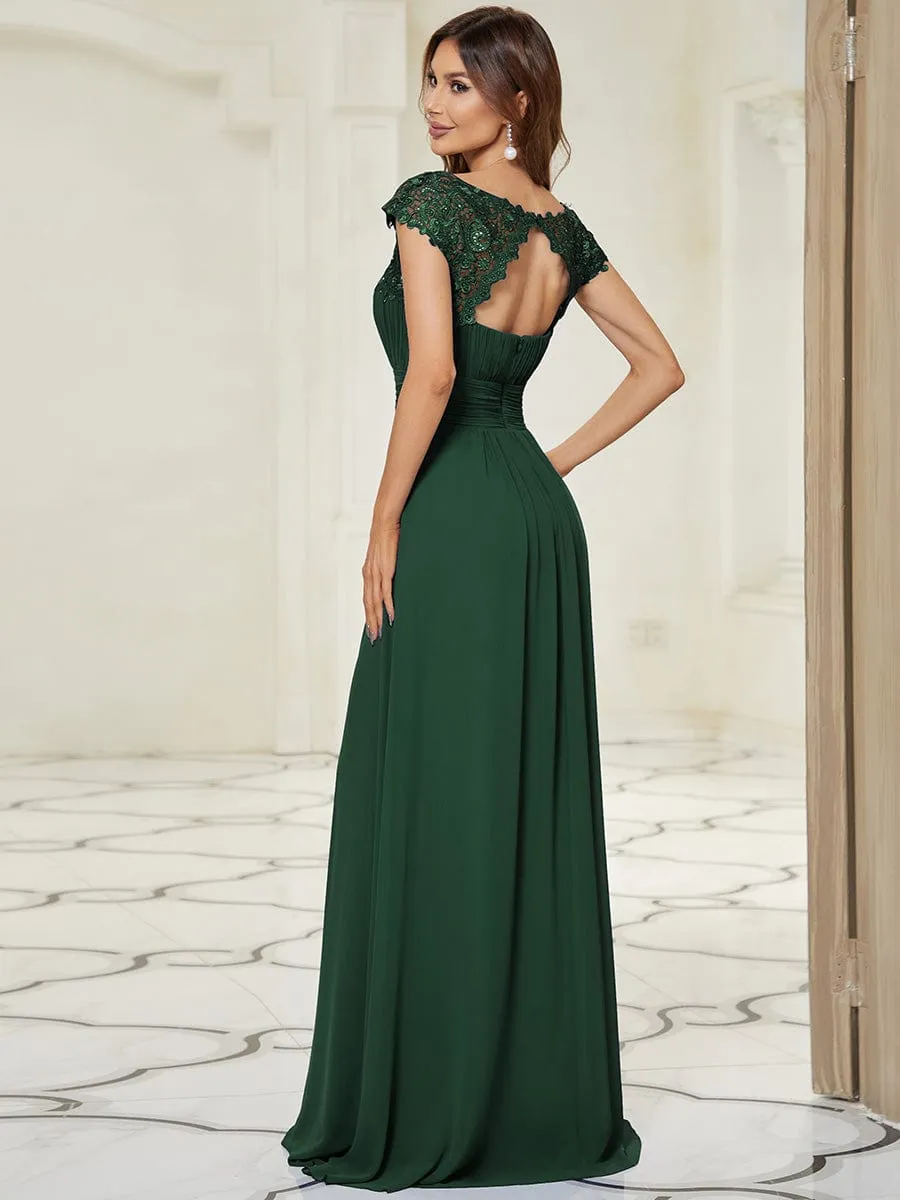 Flattering A-Line Chiffon Lace Evening Dress for Wedding with Cap Sleeve