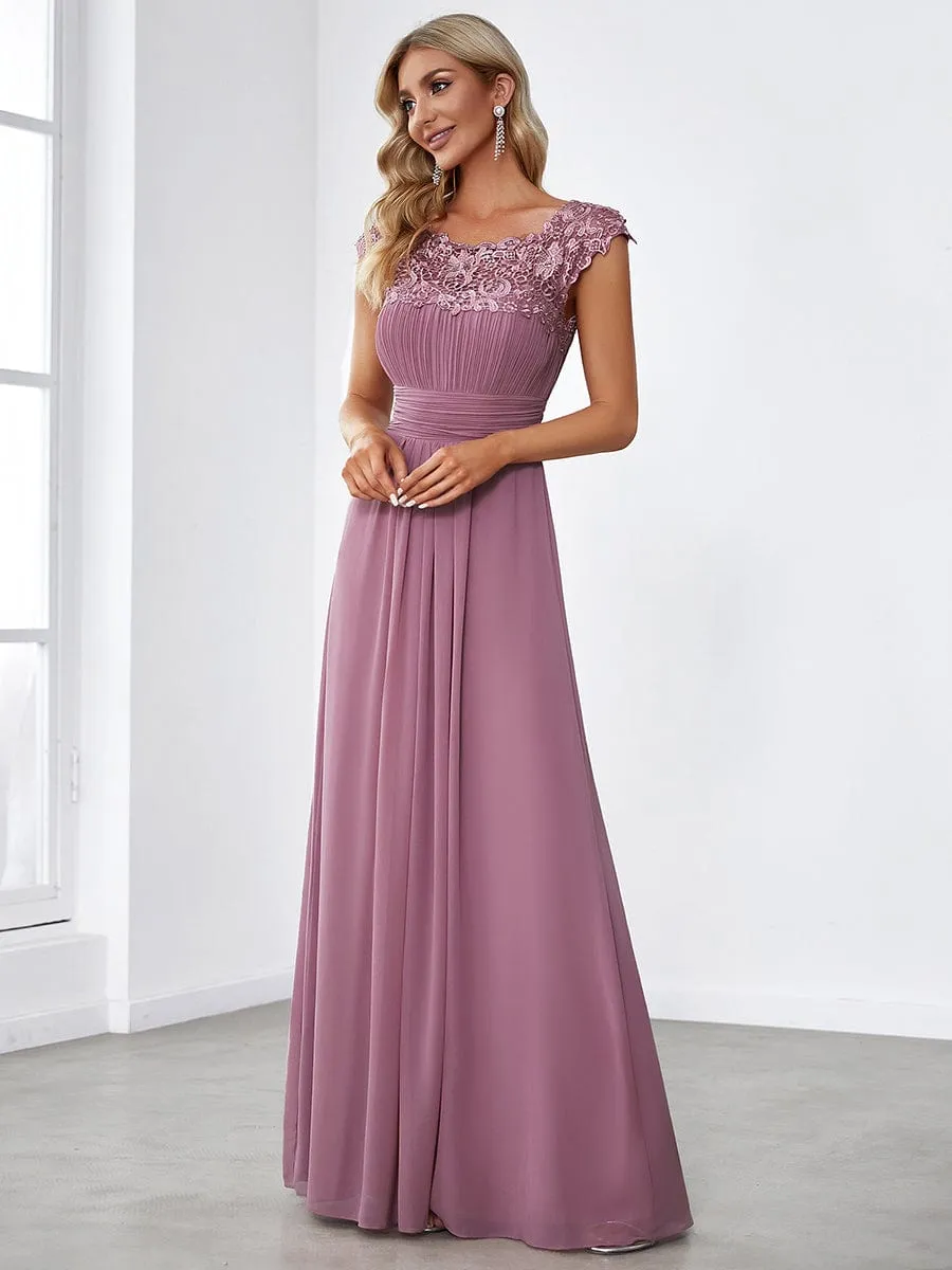 Flattering A-Line Chiffon Lace Evening Dress for Wedding with Cap Sleeve