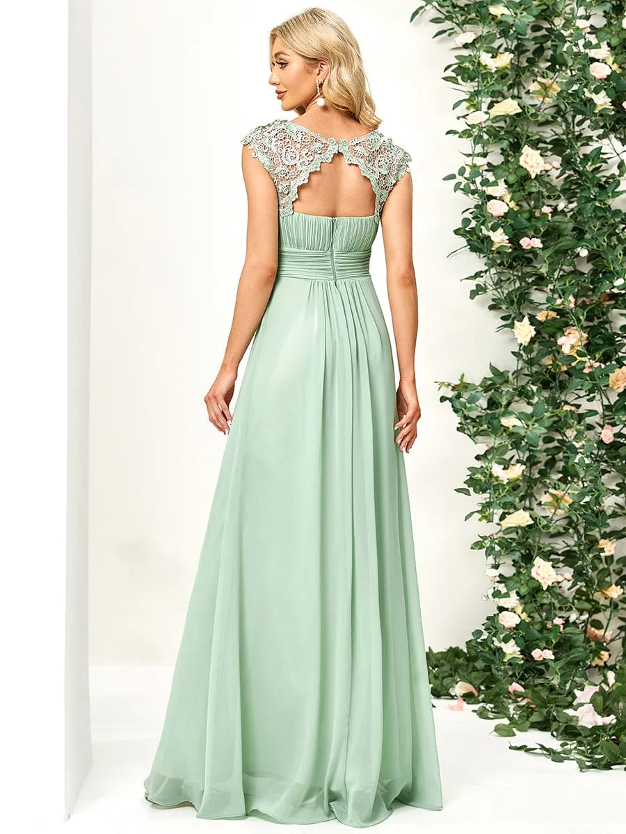 Flattering A-Line Chiffon Lace Evening Dress for Wedding with Cap Sleeve