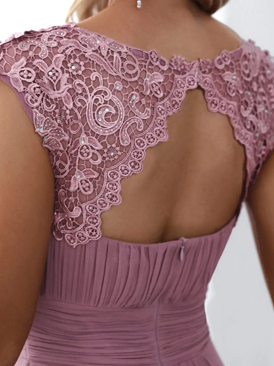 Flattering A-Line Chiffon Lace Evening Dress for Wedding with Cap Sleeve