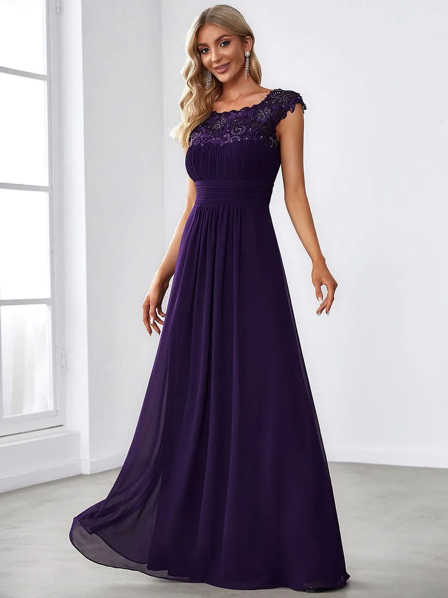 Flattering A-Line Chiffon Lace Evening Dress for Wedding with Cap Sleeve