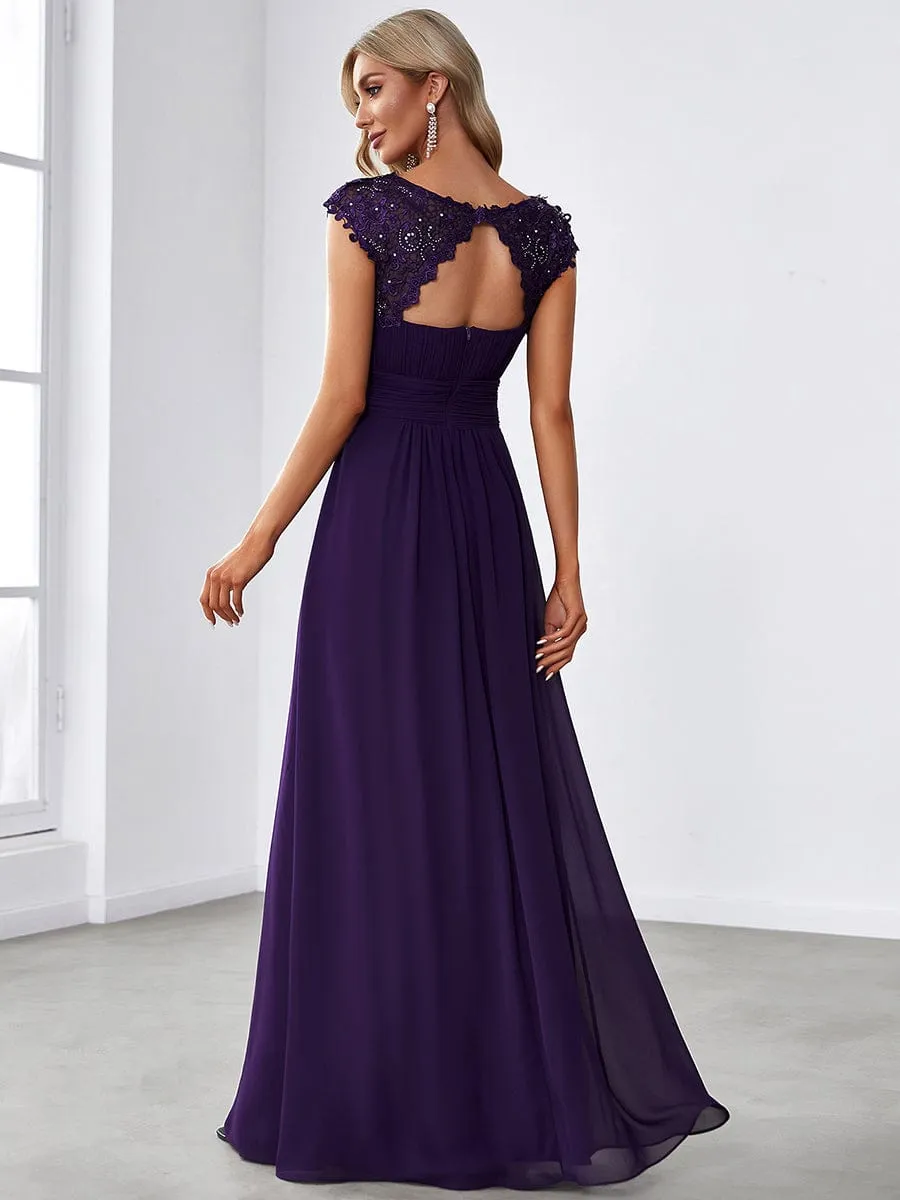 Flattering A-Line Chiffon Lace Evening Dress for Wedding with Cap Sleeve