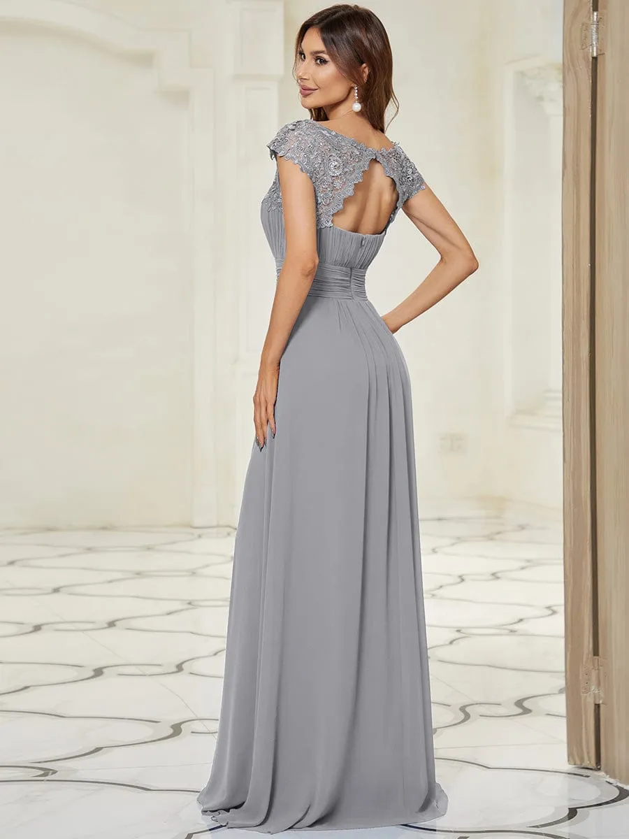 Flattering A-Line Chiffon Lace Evening Dress for Wedding with Cap Sleeve