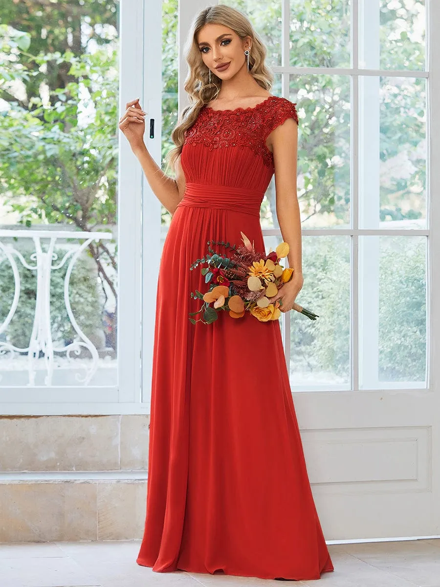 Flattering A-Line Chiffon Lace Evening Dress for Wedding with Cap Sleeve