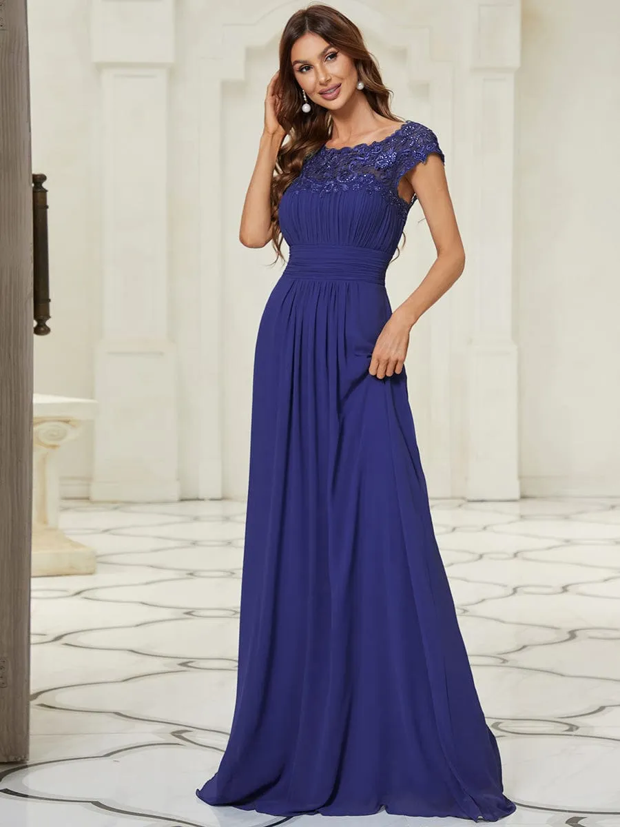 Flattering A-Line Chiffon Lace Evening Dress for Wedding with Cap Sleeve