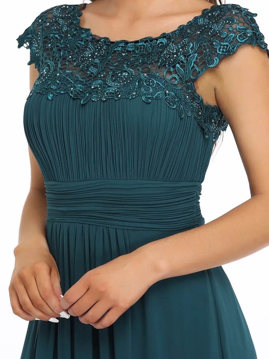 Flattering A-Line Chiffon Lace Evening Dress for Wedding with Cap Sleeve