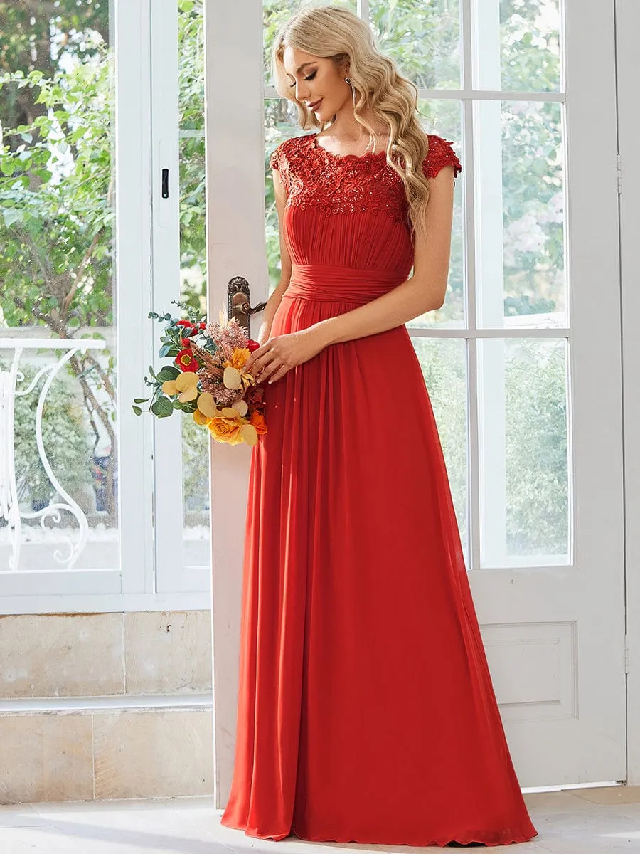 Flattering A-Line Chiffon Lace Evening Dress for Wedding with Cap Sleeve