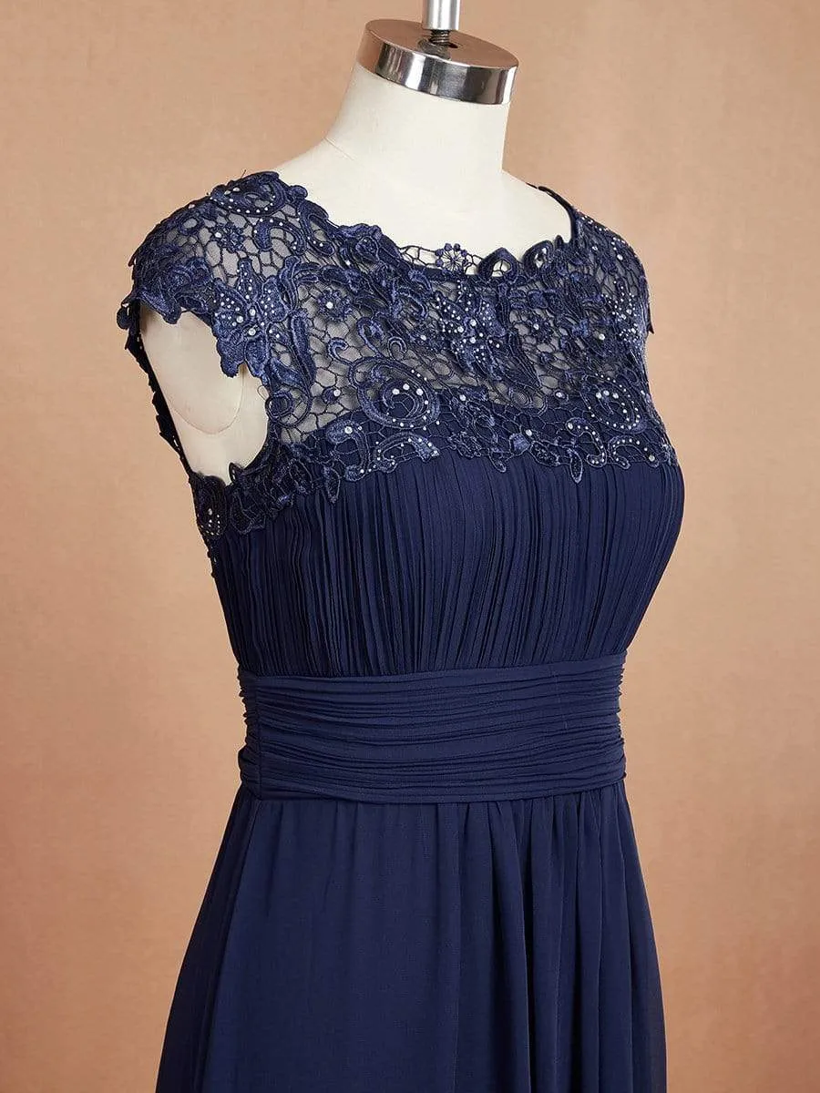 Flattering A-Line Chiffon Lace Evening Dress for Wedding with Cap Sleeve