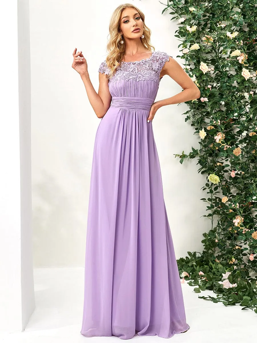 Flattering A-Line Chiffon Lace Evening Dress for Wedding with Cap Sleeve