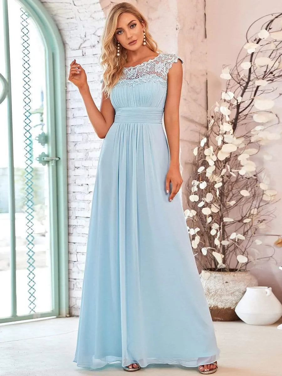 Flattering A-Line Chiffon Lace Evening Dress for Wedding with Cap Sleeve
