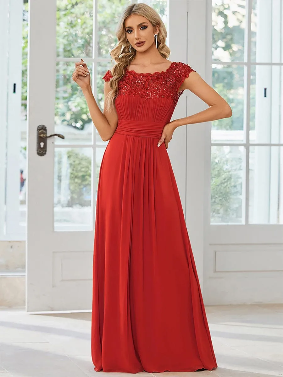 Flattering A-Line Chiffon Lace Evening Dress for Wedding with Cap Sleeve
