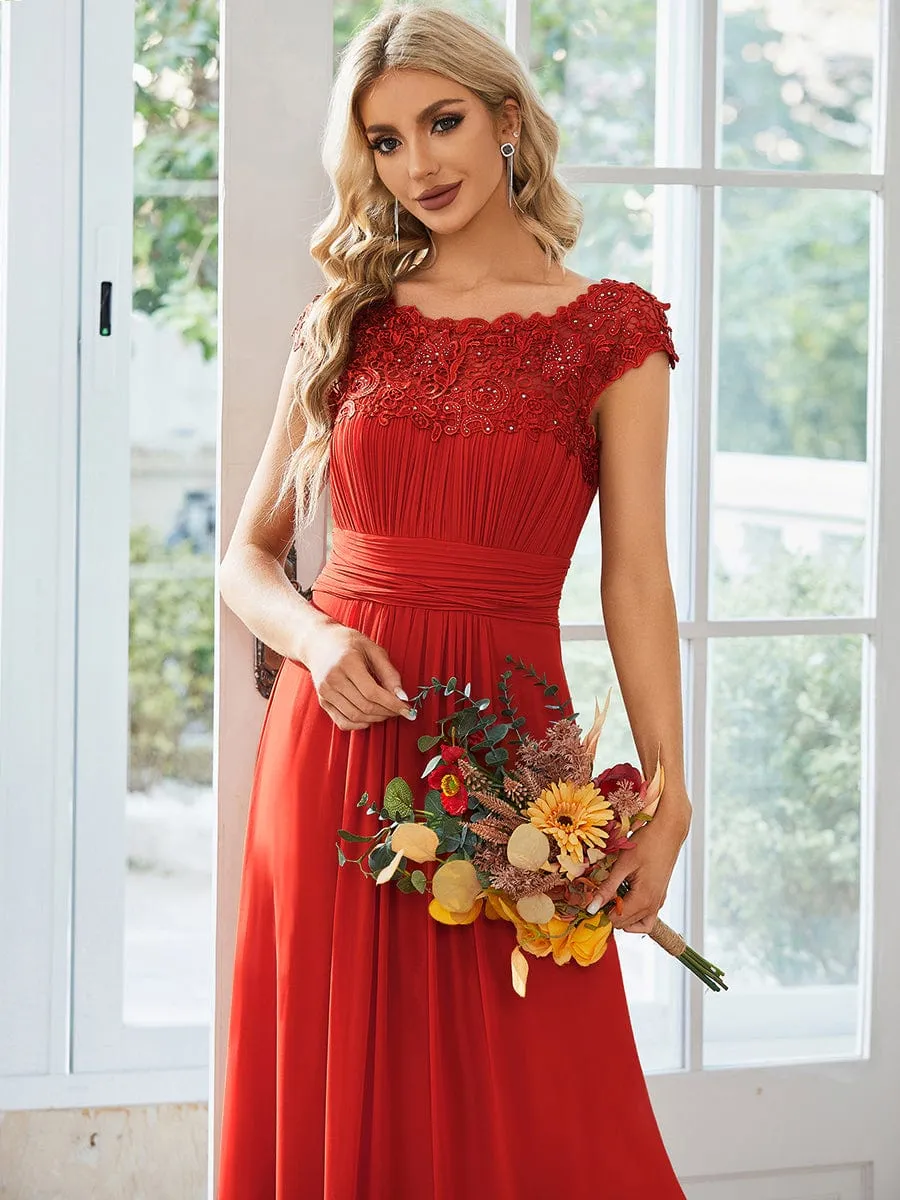 Flattering A-Line Chiffon Lace Evening Dress for Wedding with Cap Sleeve