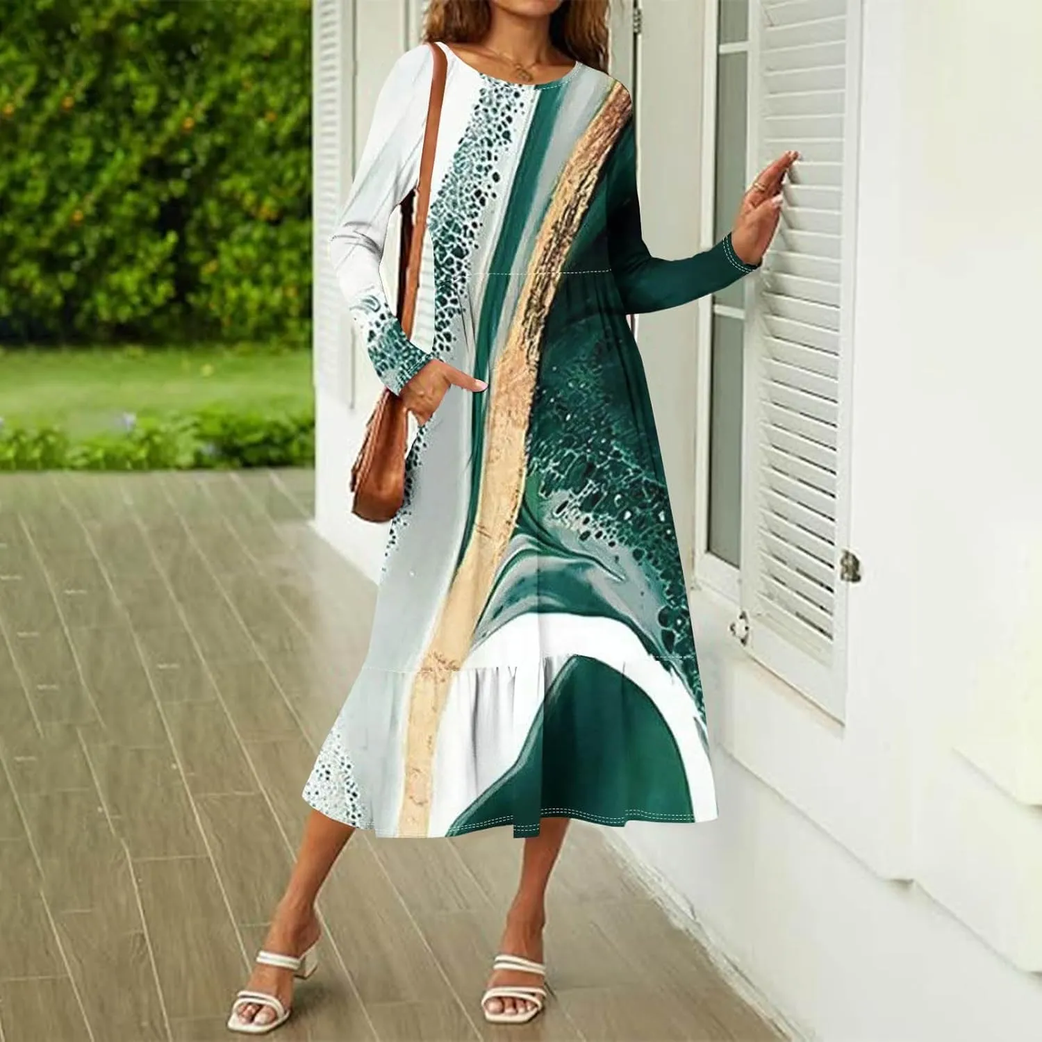 Formal Long Sleeve Midi Dress for Women Casual Trendy Plus Size Smocked Flowy Elegant Floral A Line Party Dress