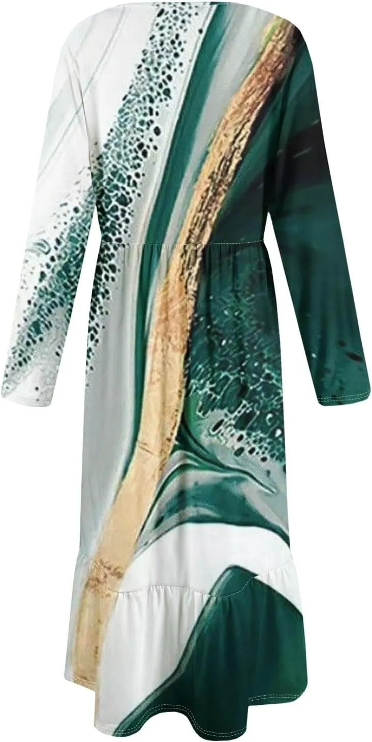 Formal Long Sleeve Midi Dress for Women Casual Trendy Plus Size Smocked Flowy Elegant Floral A Line Party Dress
