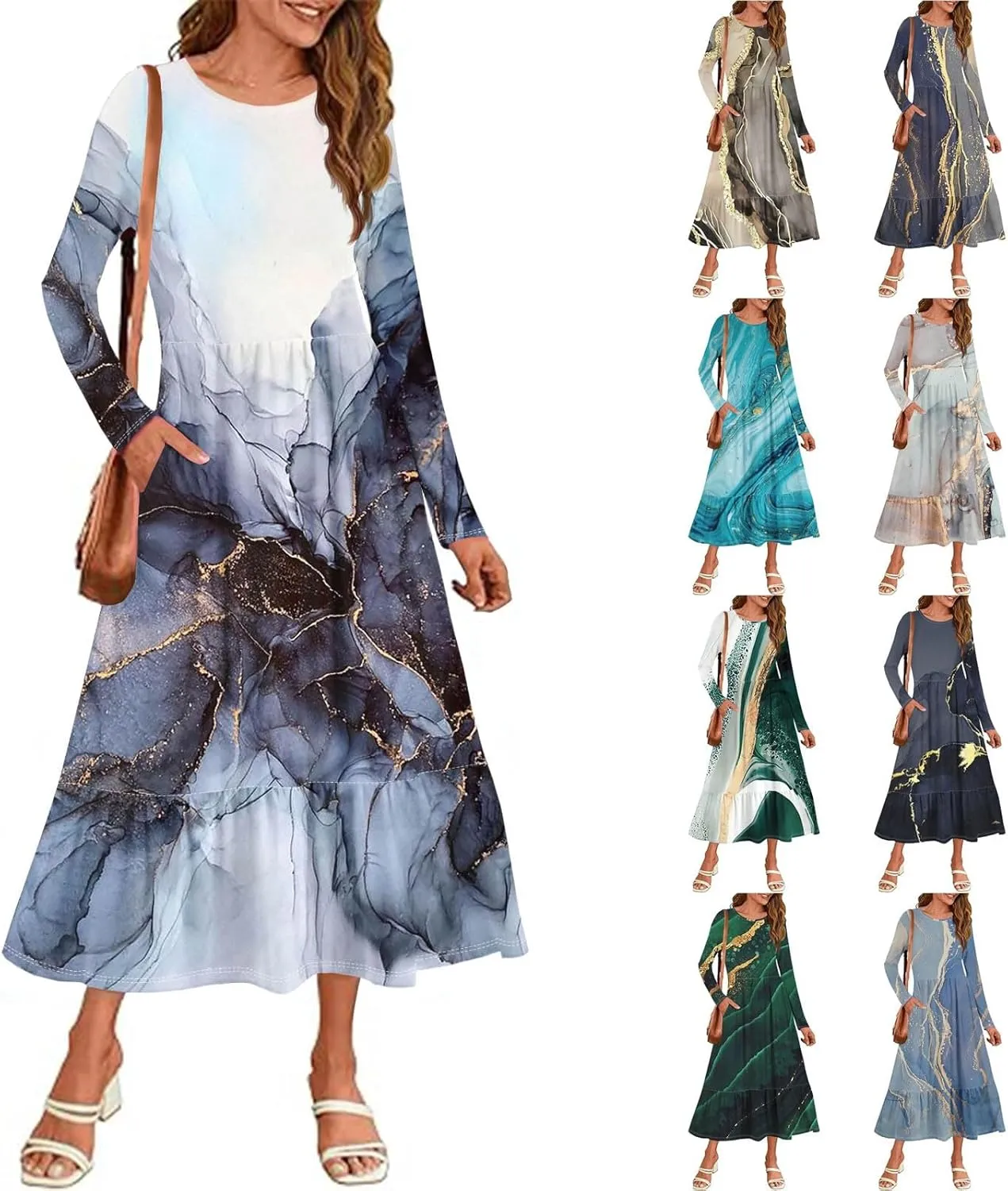 Formal Long Sleeve Midi Dress for Women Casual Trendy Plus Size Smocked Flowy Elegant Floral A Line Party Dress