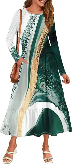 Formal Long Sleeve Midi Dress for Women Casual Trendy Plus Size Smocked Flowy Elegant Floral A Line Party Dress