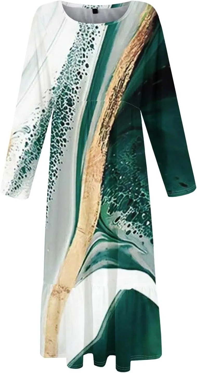 Formal Long Sleeve Midi Dress for Women Casual Trendy Plus Size Smocked Flowy Elegant Floral A Line Party Dress