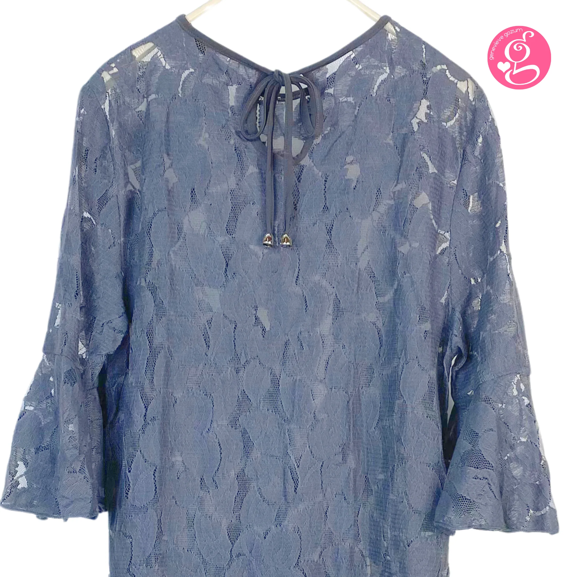 Genevieve Gozum Wildflower Lace High Low Tunic with Tie Neck