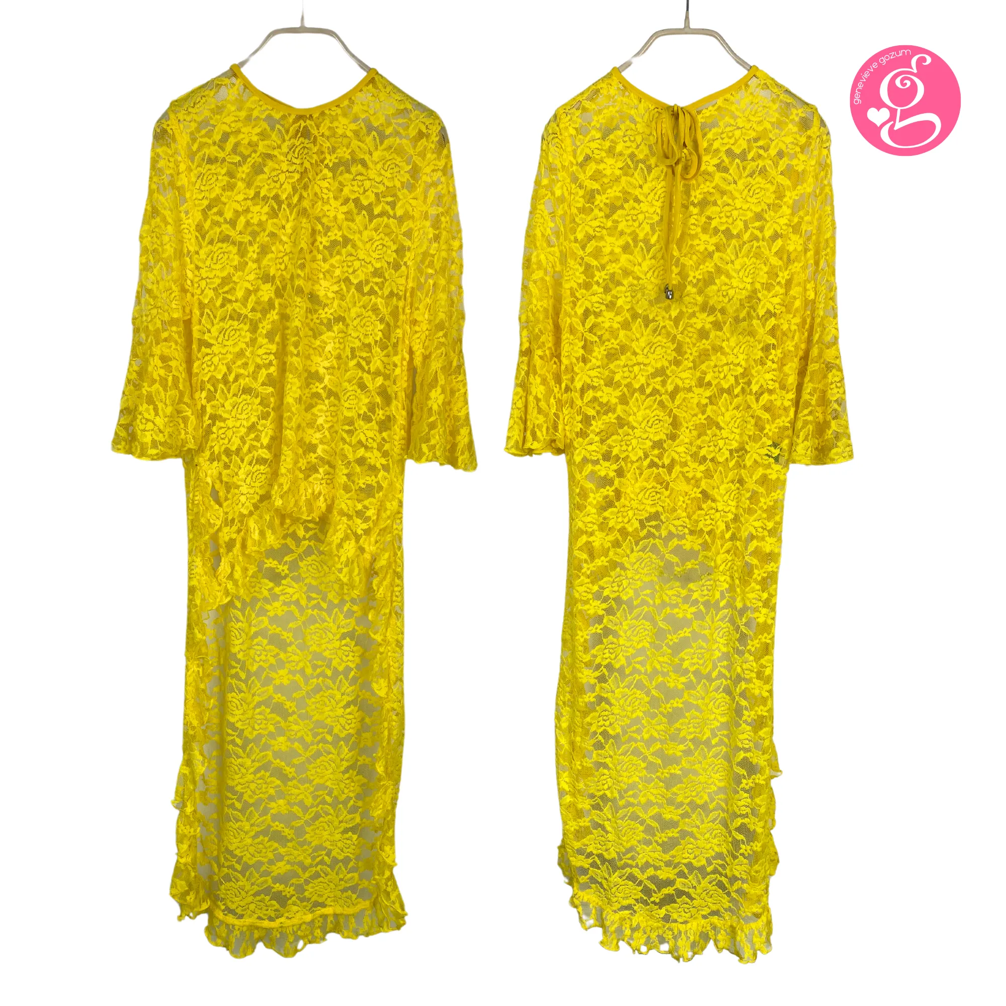 Genevieve Gozum Wildflower Lace High Low Tunic with Tie Neck
