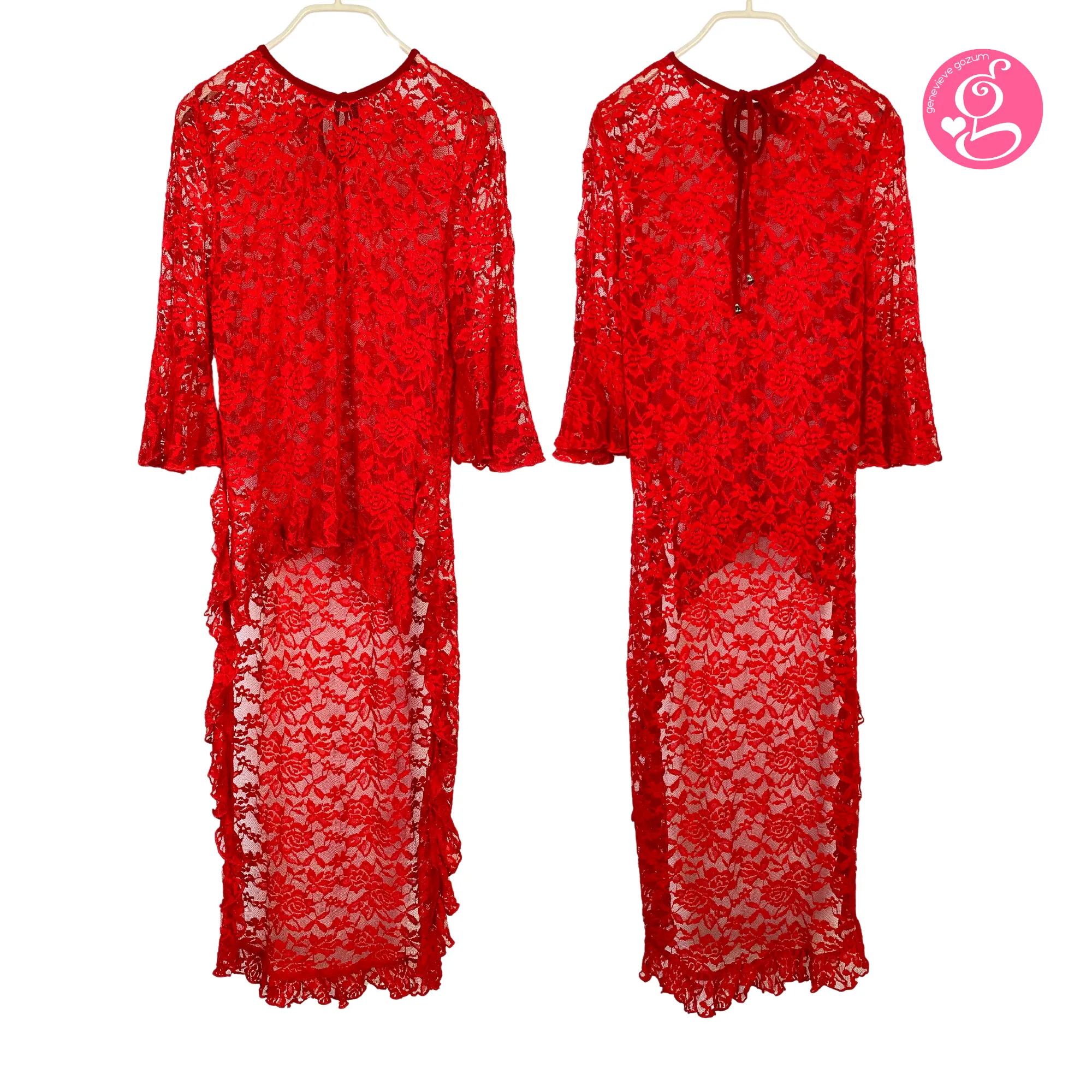 Genevieve Gozum Wildflower Lace High Low Tunic with Tie Neck