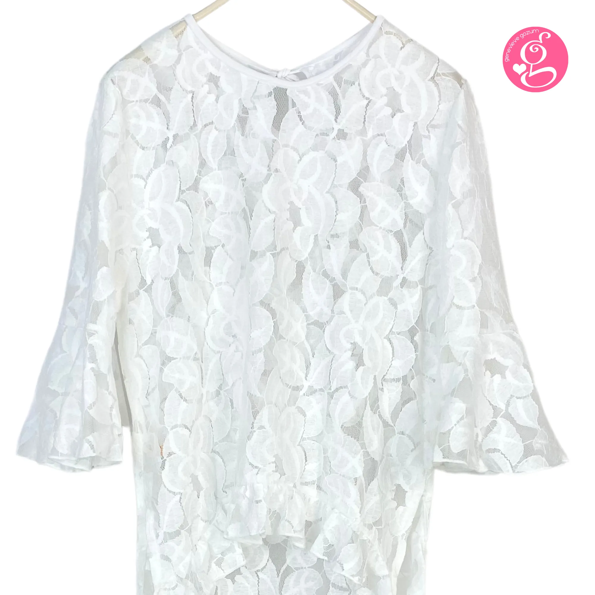 Genevieve Gozum Wildflower Lace High Low Tunic with Tie Neck