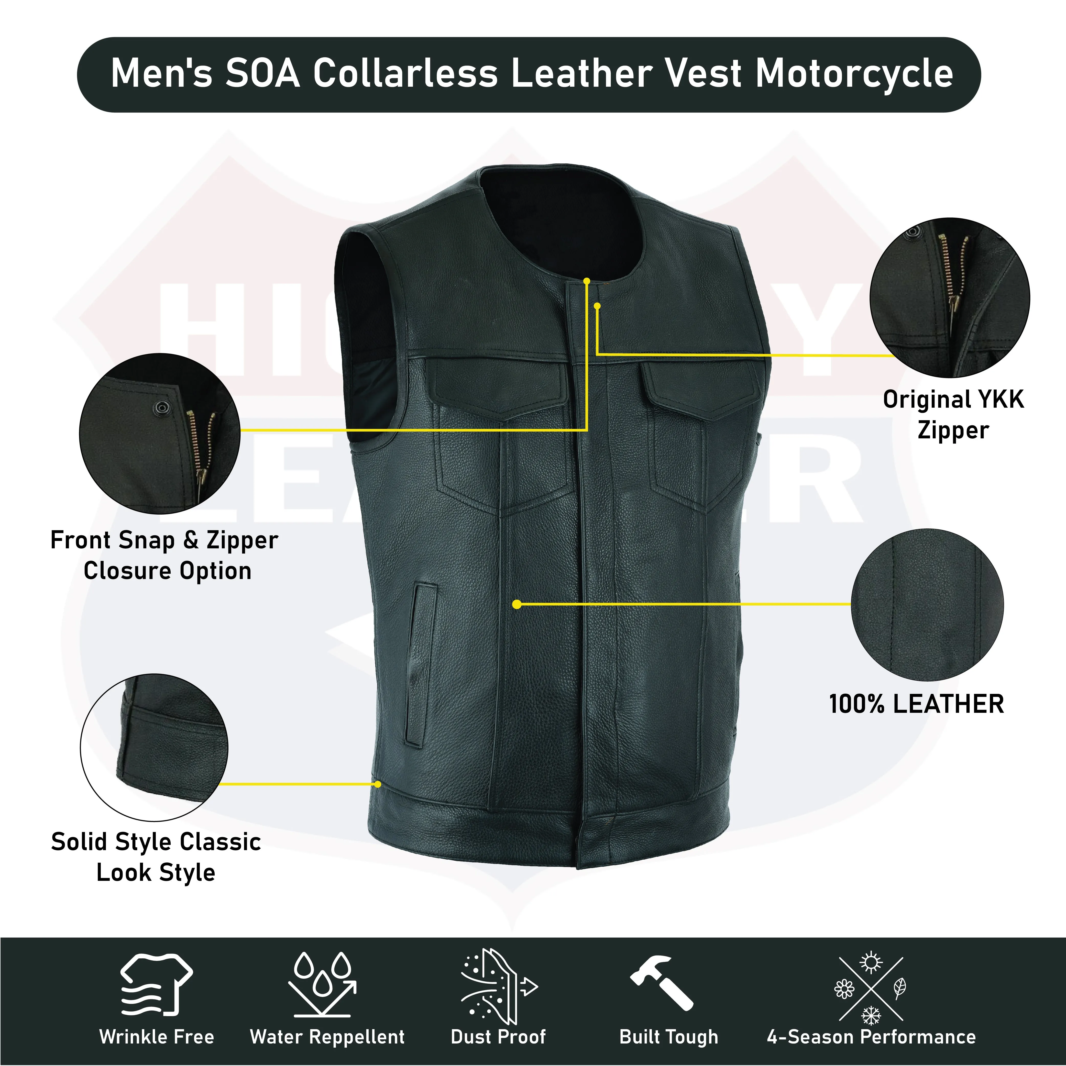 Highway Leather Tifton Motorcycle Vest, Gun pockets, SOA Club, Hardcore Biker Vest
