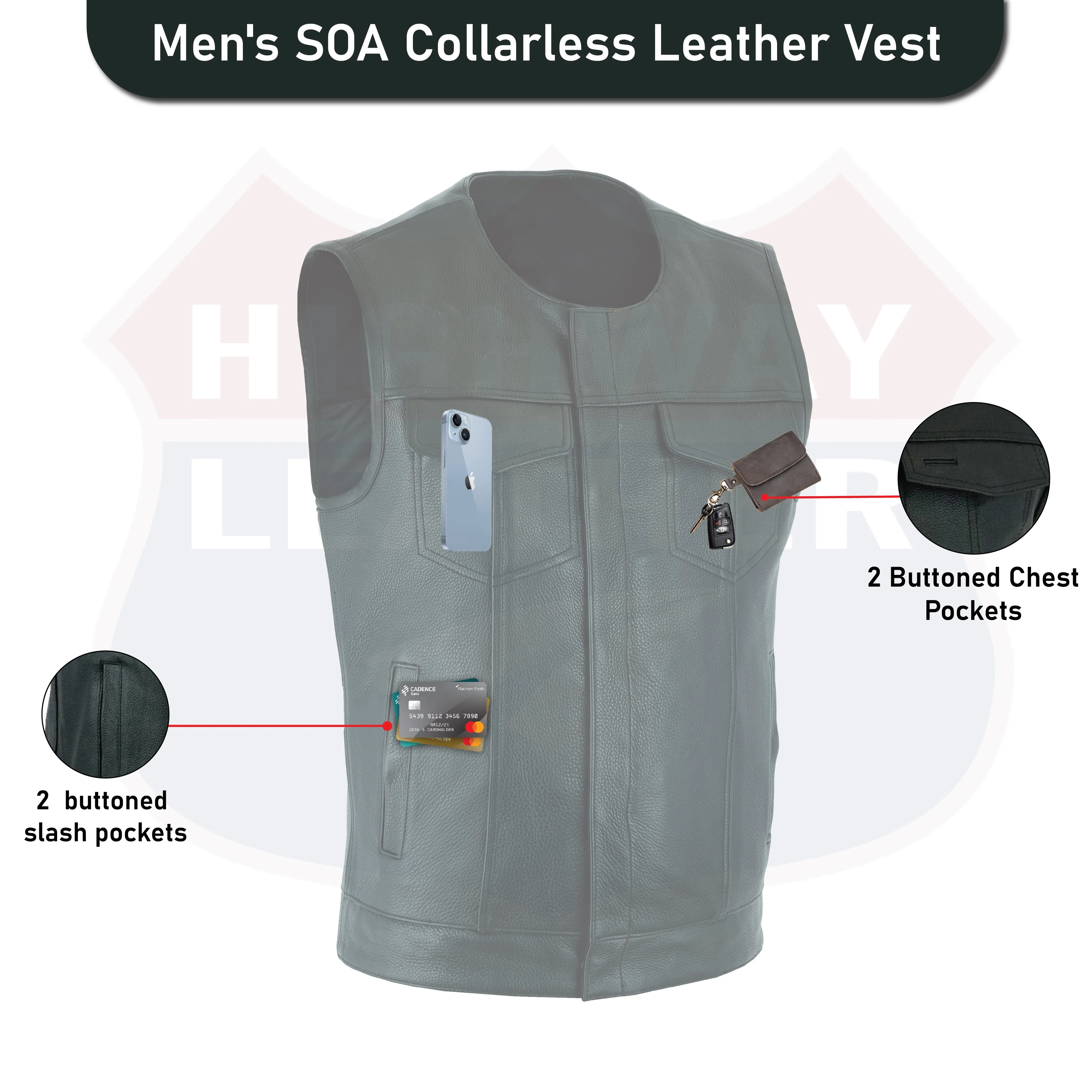 Highway Leather Tifton Motorcycle Vest, Gun pockets, SOA Club, Hardcore Biker Vest