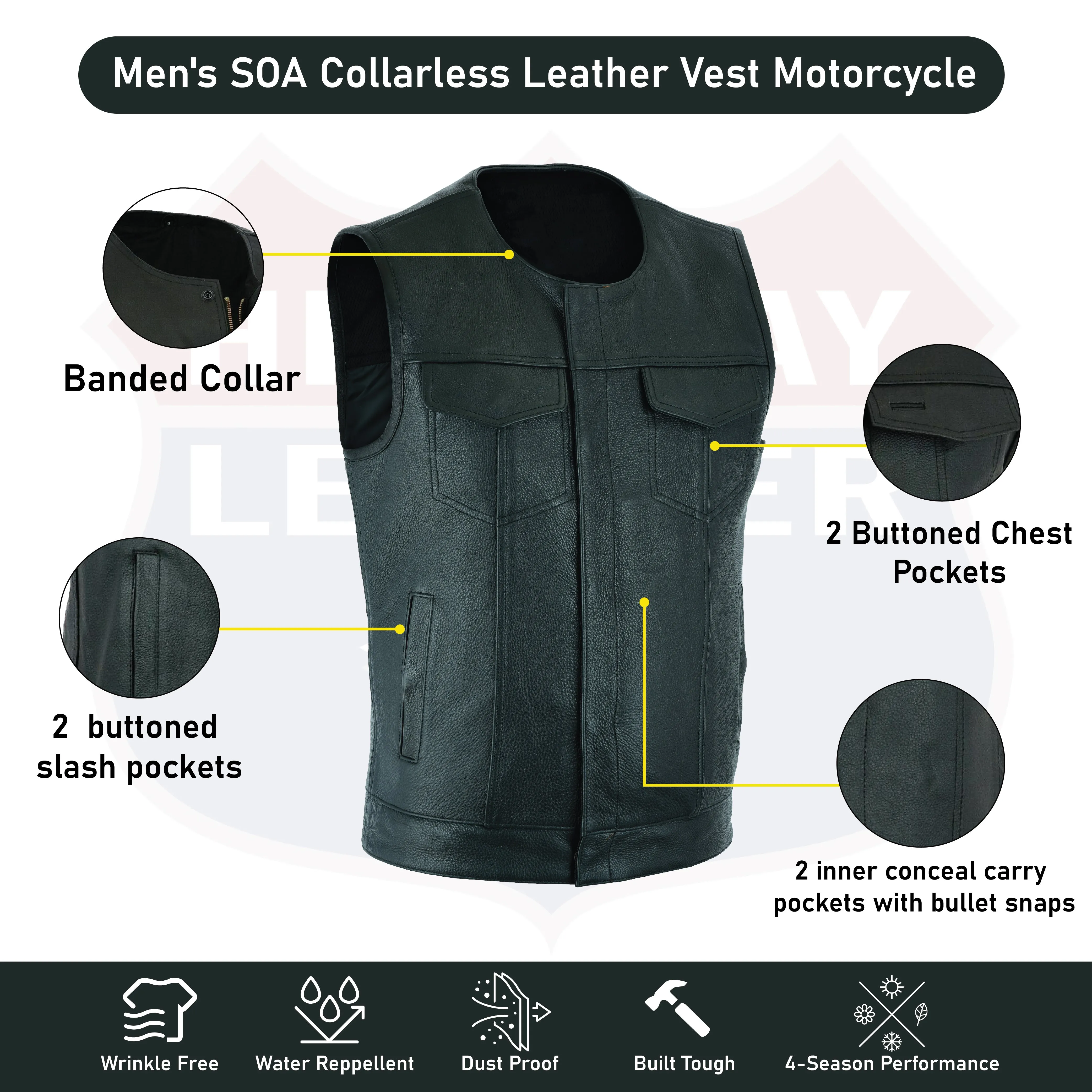 Highway Leather Tifton Motorcycle Vest, Gun pockets, SOA Club, Hardcore Biker Vest