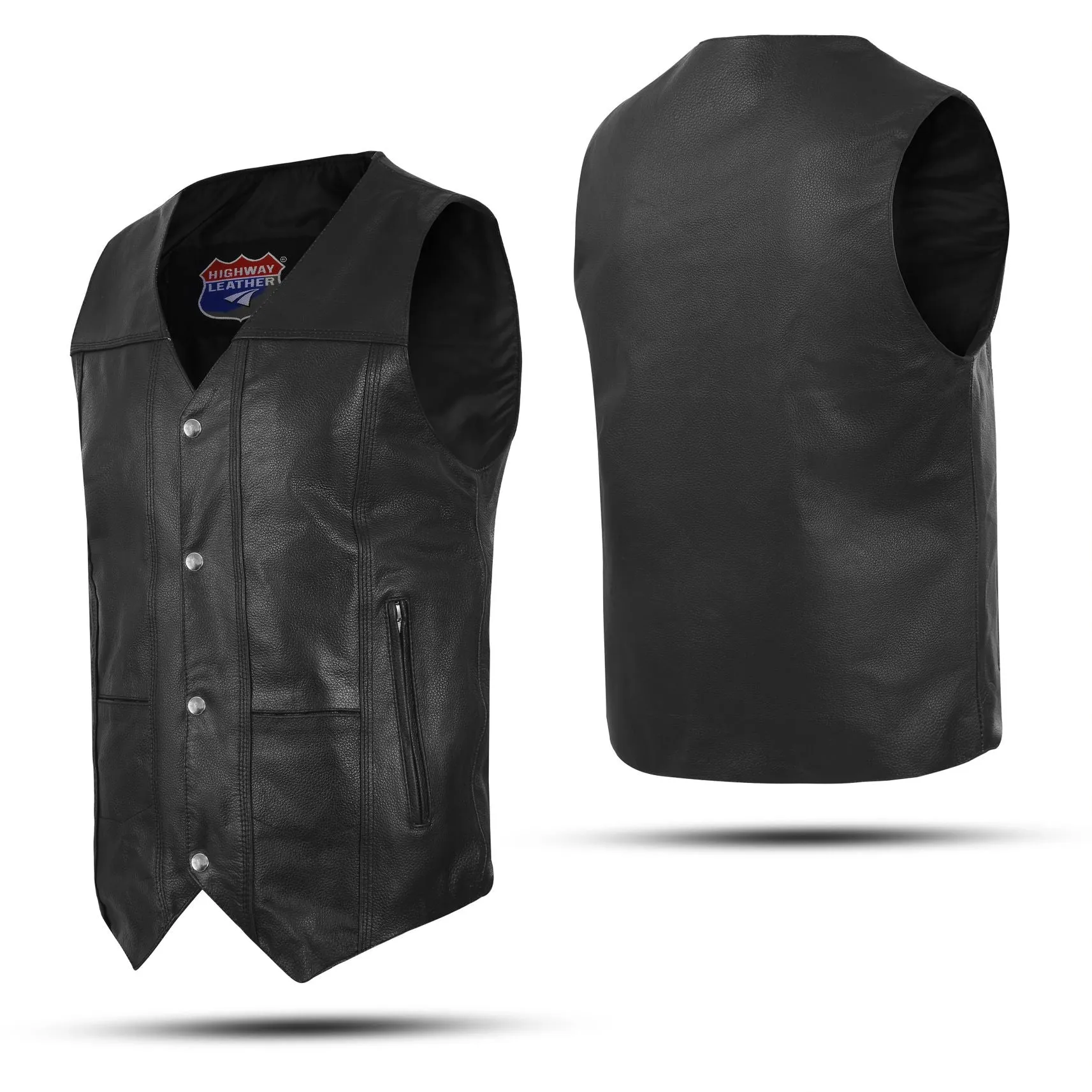 HL3700SPT Men's Black Leather Classic V-Neck Motorcycle Rider Vest