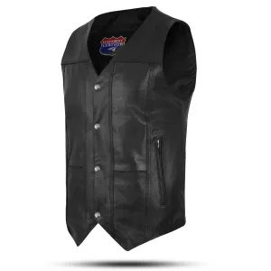 HL3700SPT Men's Black Leather Classic V-Neck Motorcycle Rider Vest