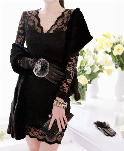 Korean Women Sexy V-Neck Low Cut Hip Flattering Lace Long Sleeved Dress