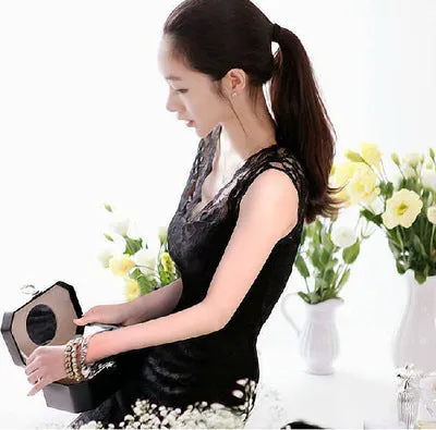 Korean Women Sexy V-Neck Low Cut Hip Flattering Lace Long Sleeved Dress