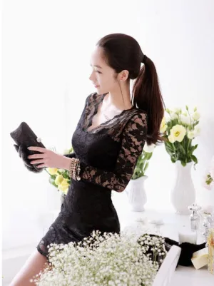 Korean Women Sexy V-Neck Low Cut Hip Flattering Lace Long Sleeved Dress