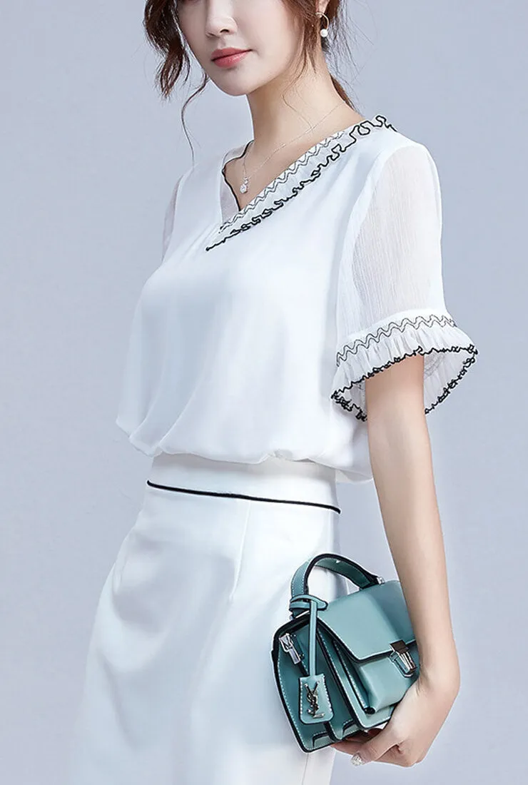 Lace Loose Chiffon Short Sleeve Blouse
