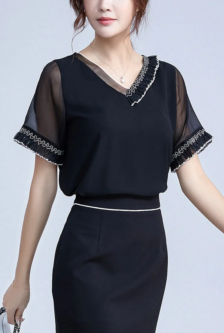 Lace Loose Chiffon Short Sleeve Blouse