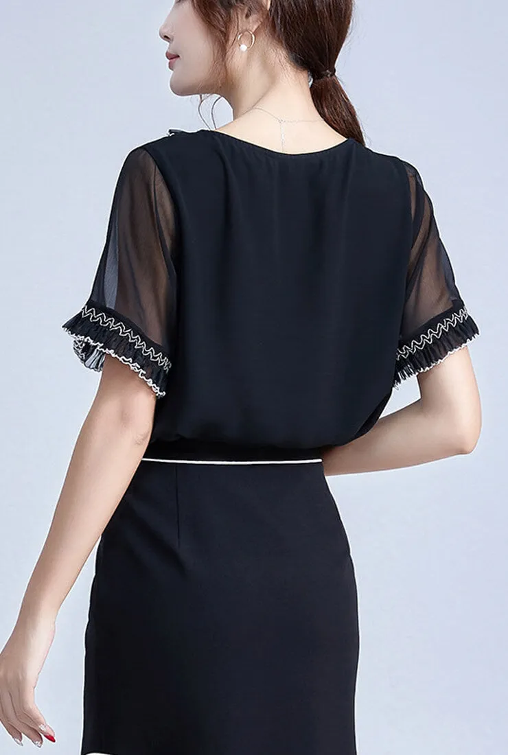 Lace Loose Chiffon Short Sleeve Blouse