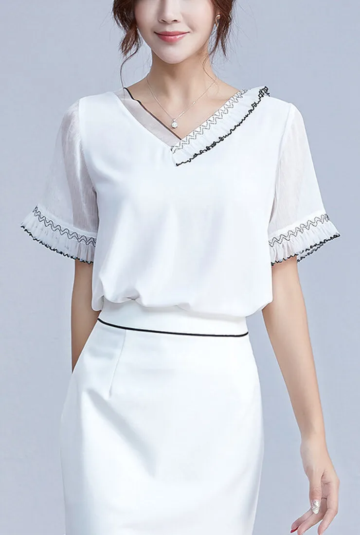 Lace Loose Chiffon Short Sleeve Blouse
