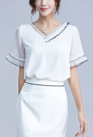 Lace Loose Chiffon Short Sleeve Blouse