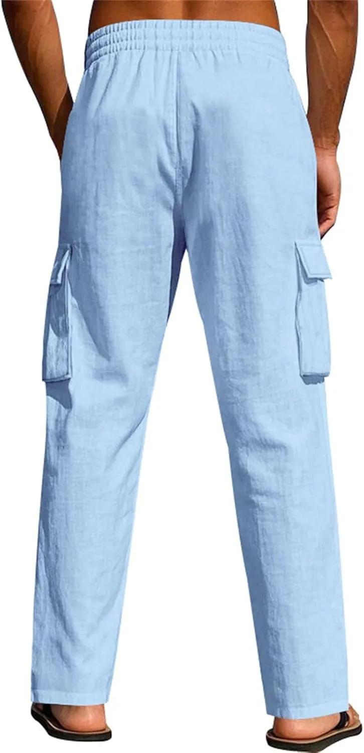 Linen Pants for Men Elastic Waist Drawstring Pants Beach Summer Pants Lightweight Linen Trouser with Pockets