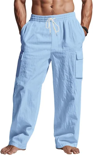 Linen Pants for Men Elastic Waist Drawstring Pants Beach Summer Pants Lightweight Linen Trouser with Pockets