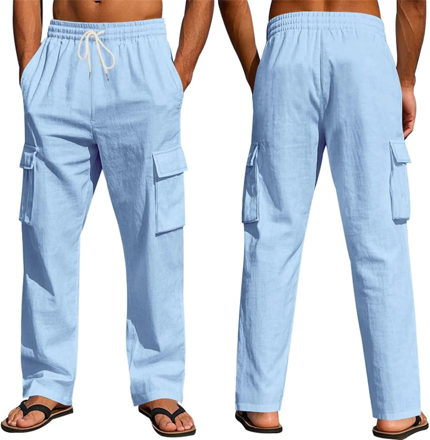 Linen Pants for Men Elastic Waist Drawstring Pants Beach Summer Pants Lightweight Linen Trouser with Pockets