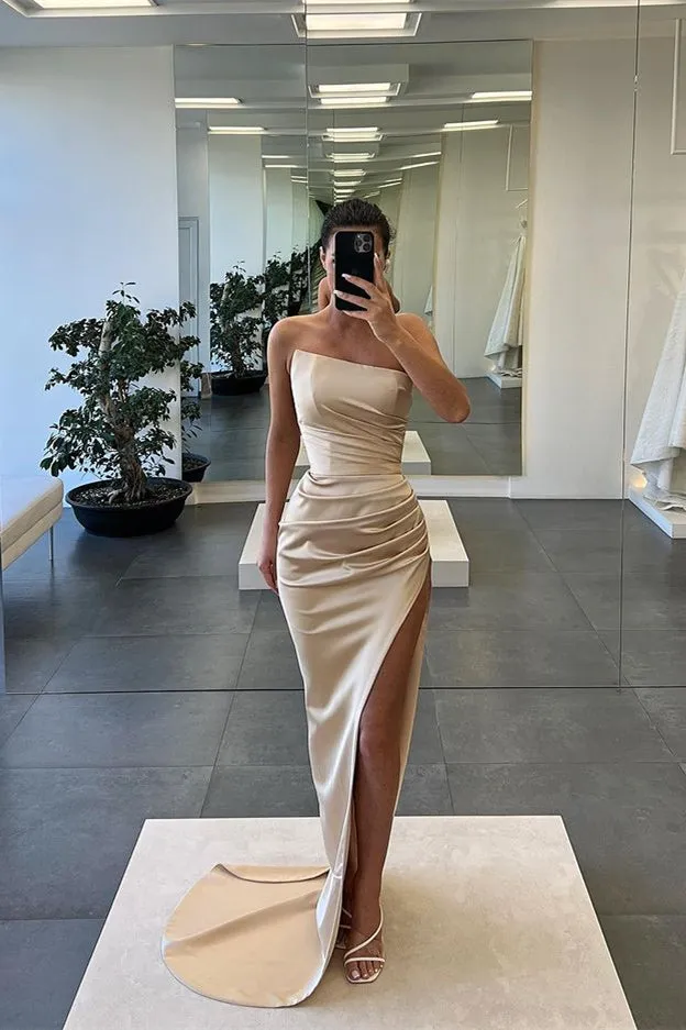 Long Mermaid Strapless Sleeveless Satin Prom Dress with Slit
