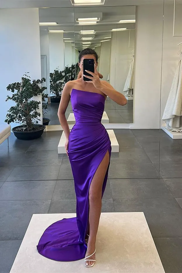 Long Mermaid Strapless Sleeveless Satin Prom Dress with Slit